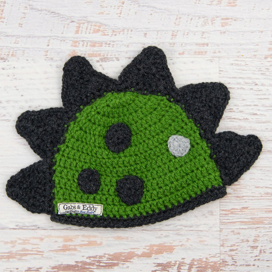 In-Stock 6-12 Month Dinosaur Hat in Kelly Green with Dark Grey Heather Spikes & Spots