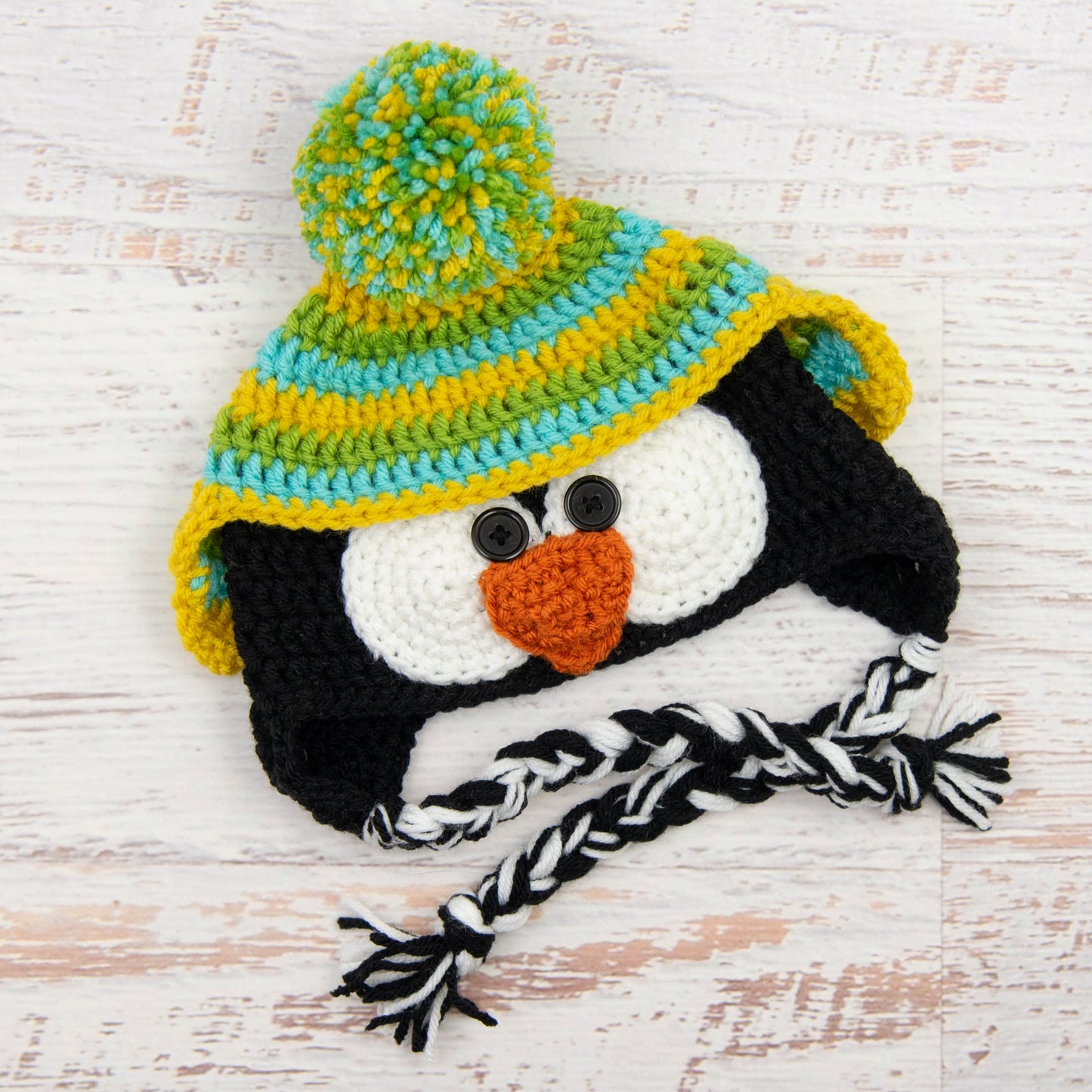 In-Stock 6-12 Month Penguin Hat in Fern, Aqua Marine and Mustard