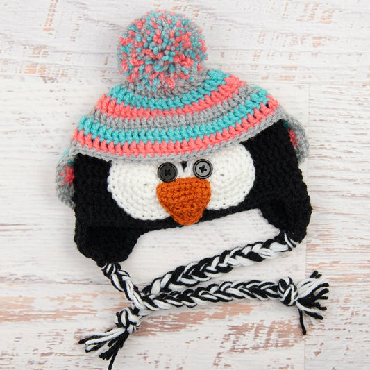 In-Stock 6-12 Month Penguin Hat in Aqua Marine, Pink Grapefruit and Silver Heather
