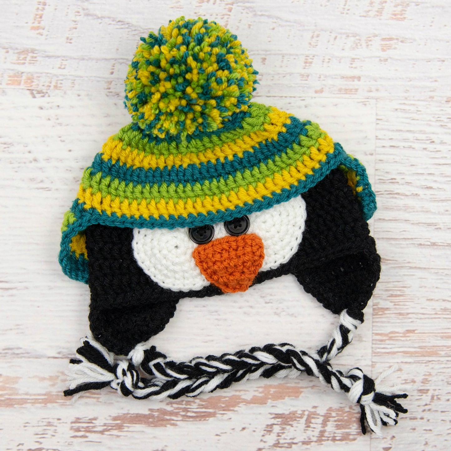In-Stock 6-12 Month Penguin Hat in Fern, Mustard and Peacock
