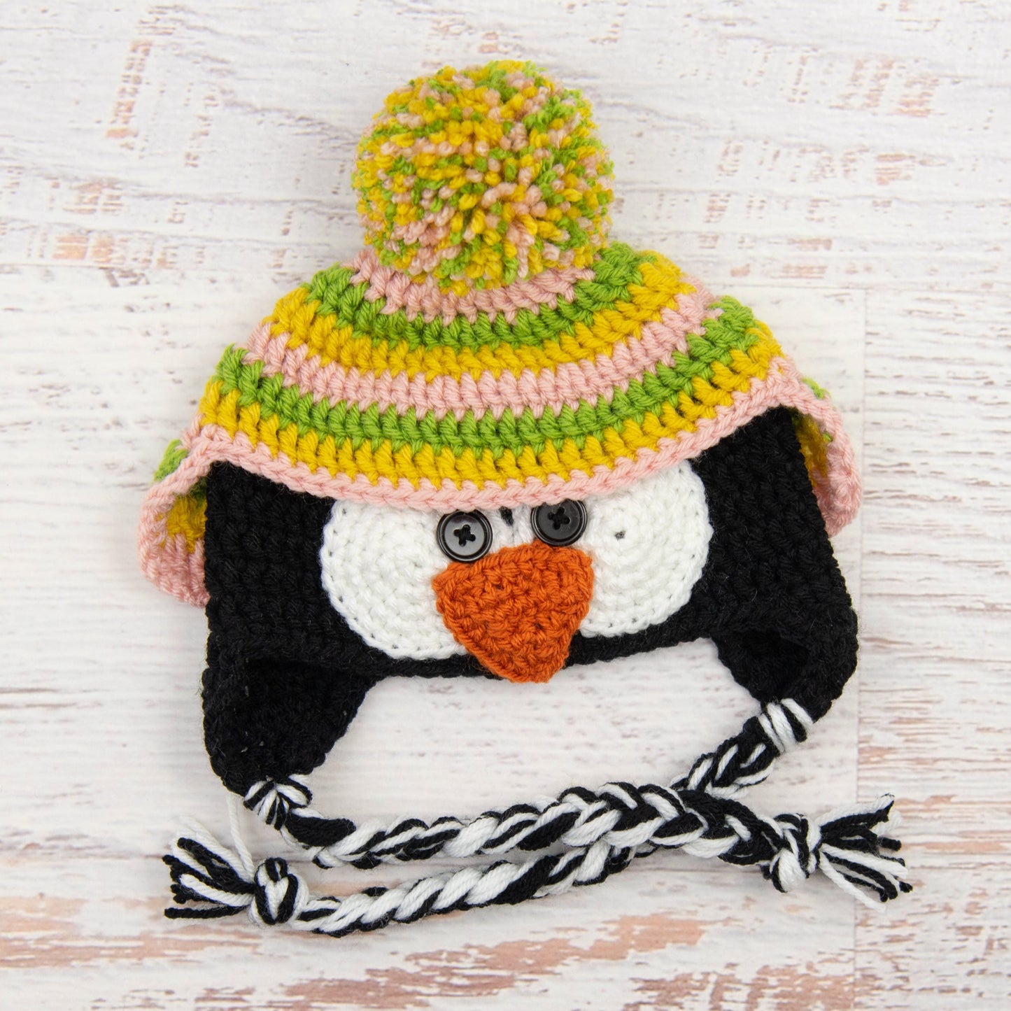 In-Stock 6-12 Month Penguin Hat in Fern, Mustard and Pink