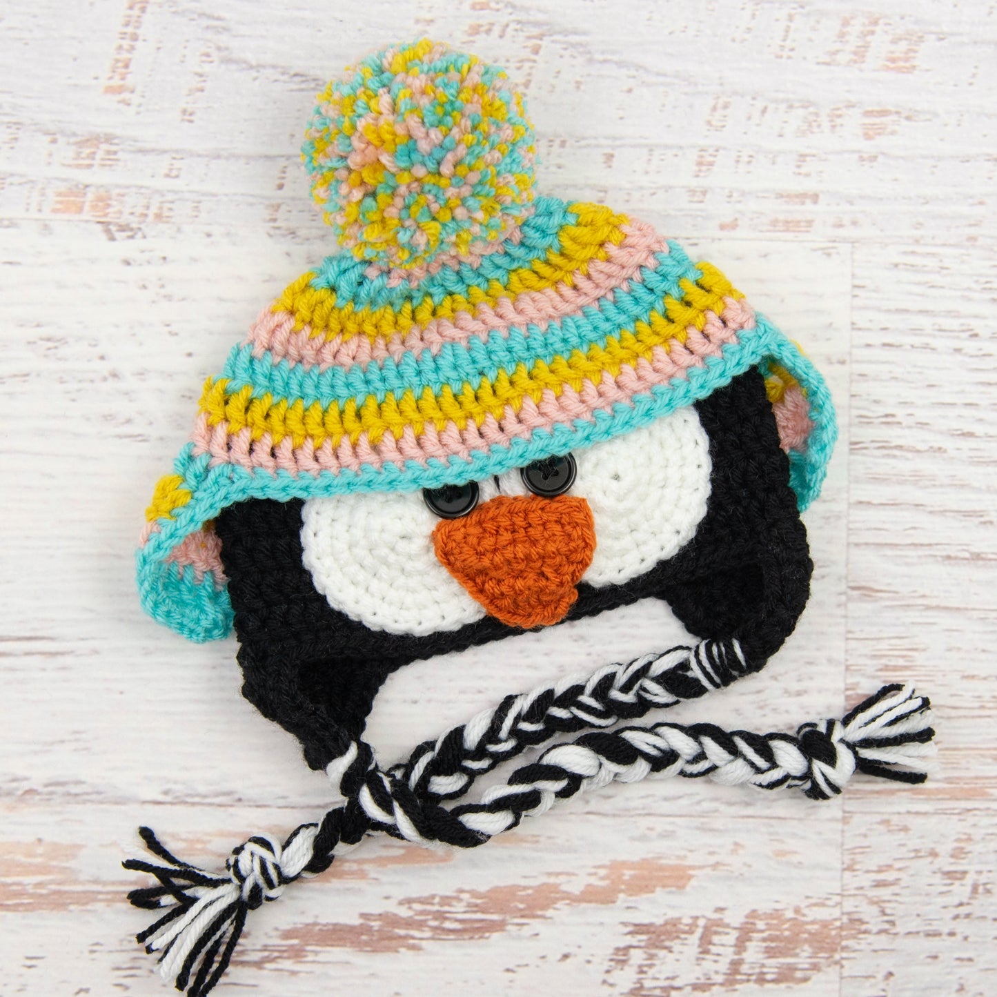 In-Stock 6-12 Month Penguin Hat in Mustard, Pink and Aqua Marine