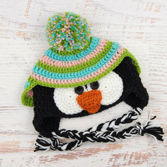 In-Stock 6-12 Month Penguin Hat in Aqua Marine, Pink and Fern