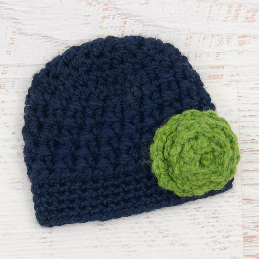 In-Stock 6-12 Month Little Rolled Rose Beanie in Navy with Navy Flower