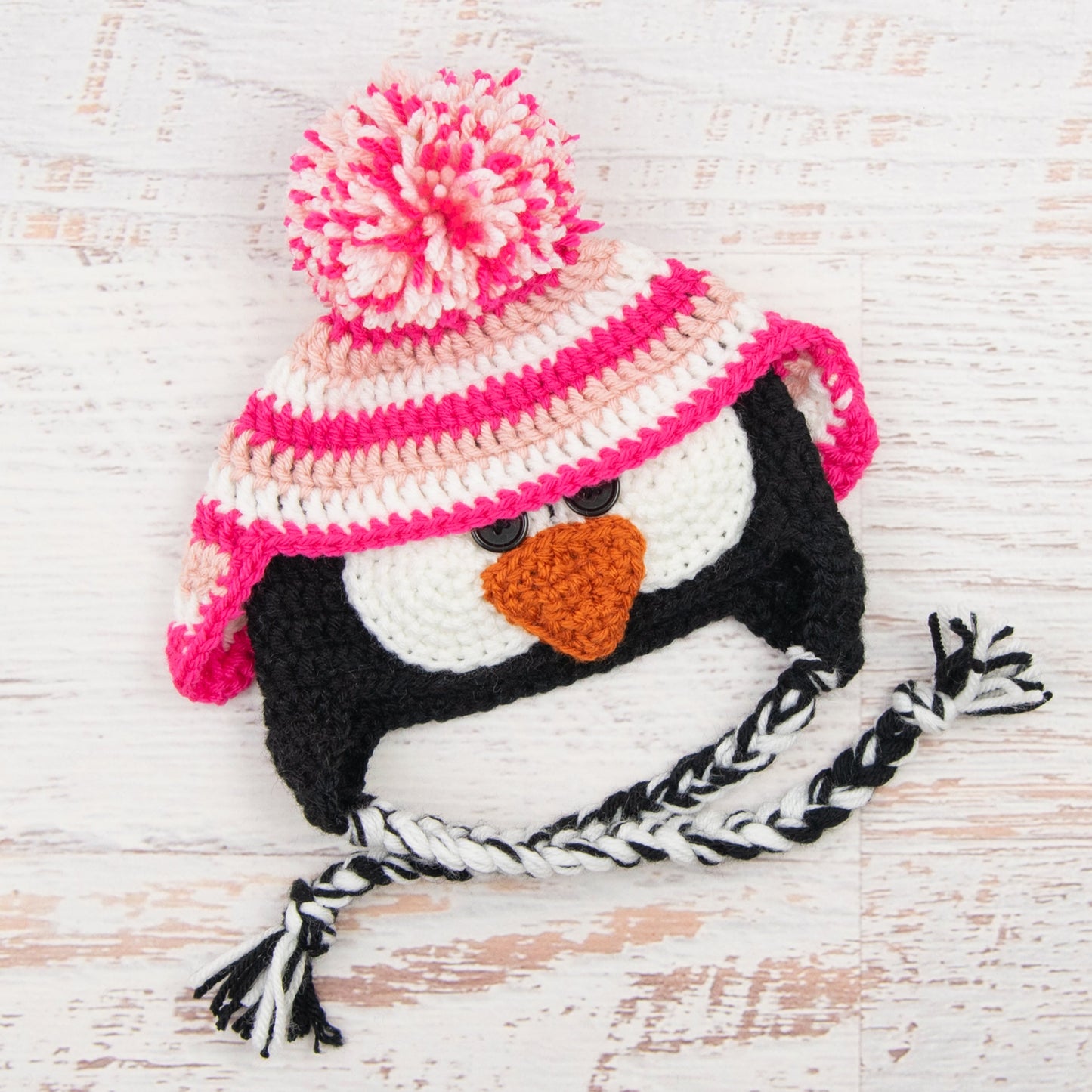 In-Stock 6-12 Month Penguin Hat in Pink, White & Rose Shocking
