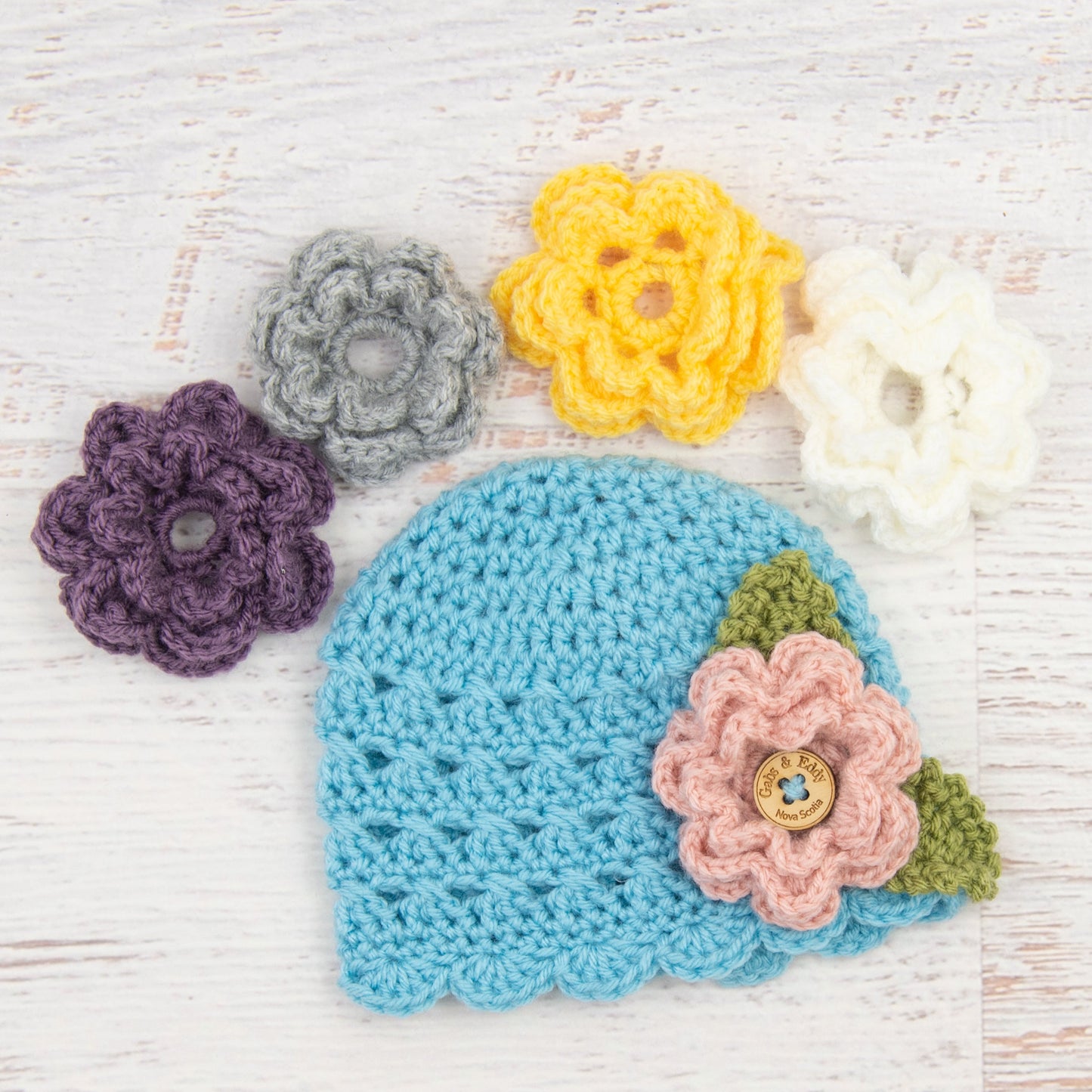 In-Stock 6-12 Month Children's Scalloped Edge Beanie with 5 Flowers (Baby Aqua)