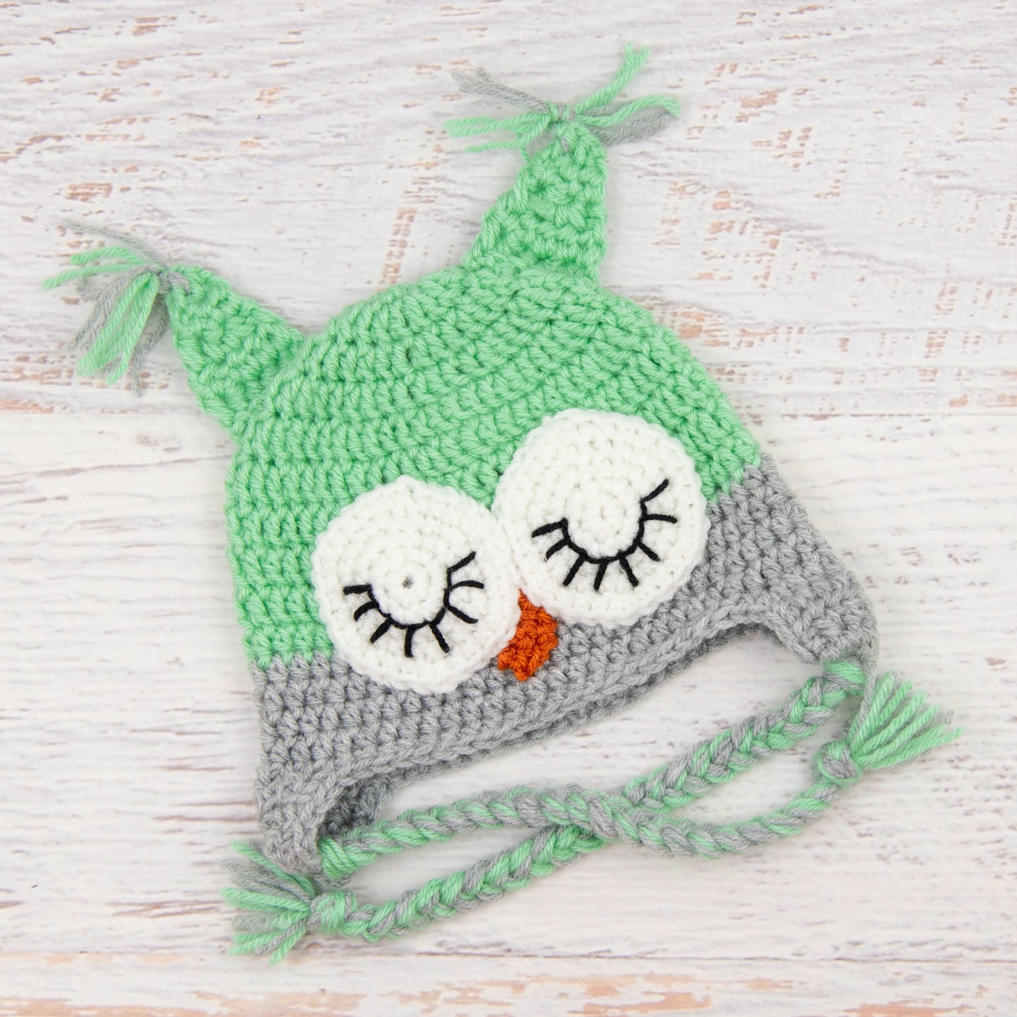 In-Stock 6-12 Month Sleepy Owl in Mint with Silver Heather