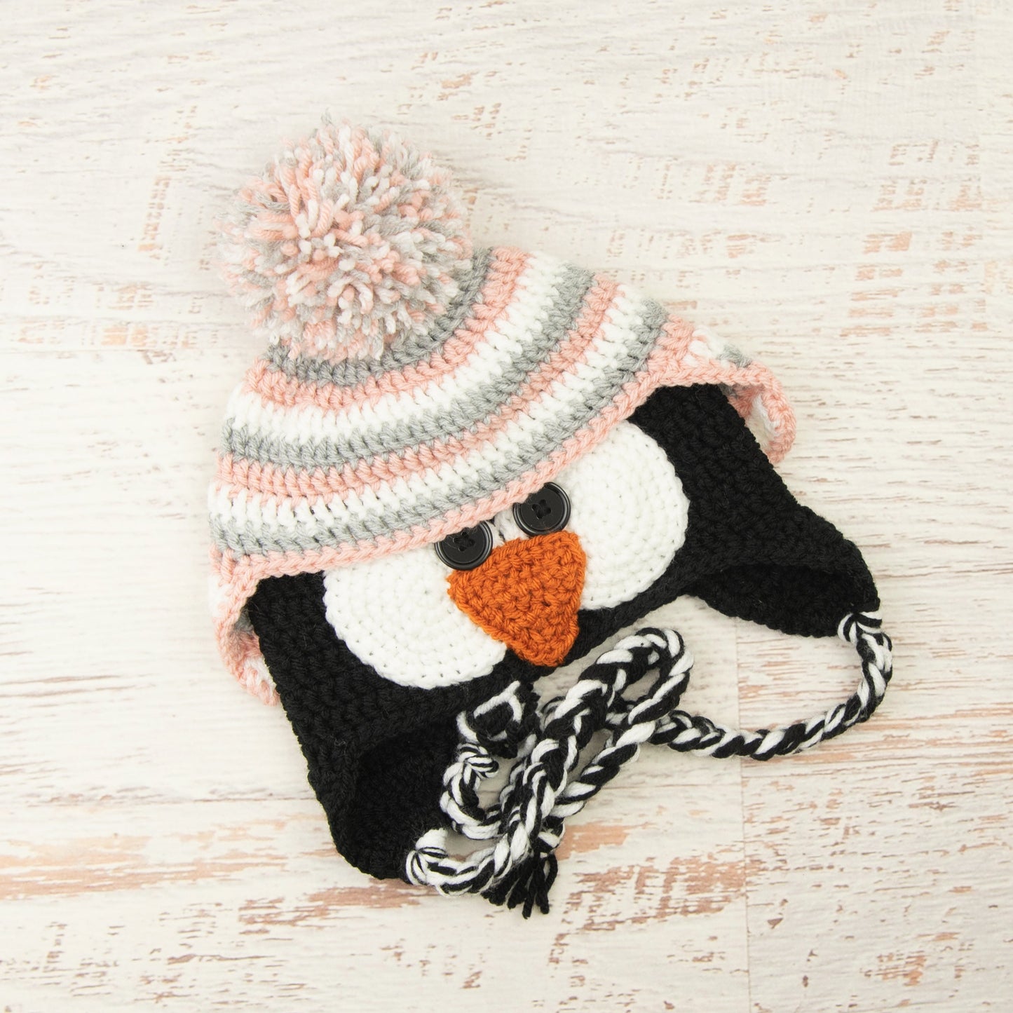 In-Stock 3-10 Year Penguin Hat in White, Silver Heather and Pink