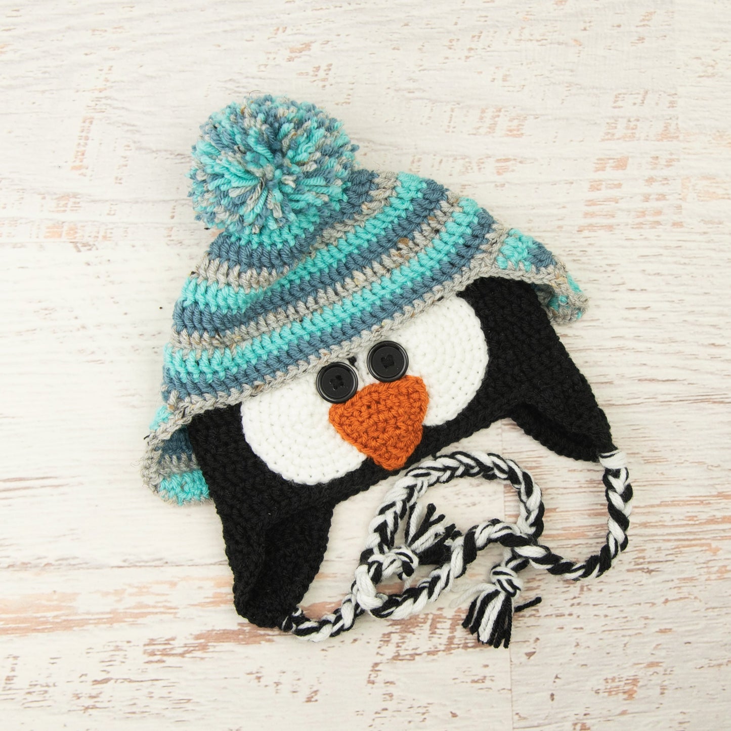 In-Stock 3-10 Year Penguin Hat in Aqua Marine, Dusty Blue and Grey Marble