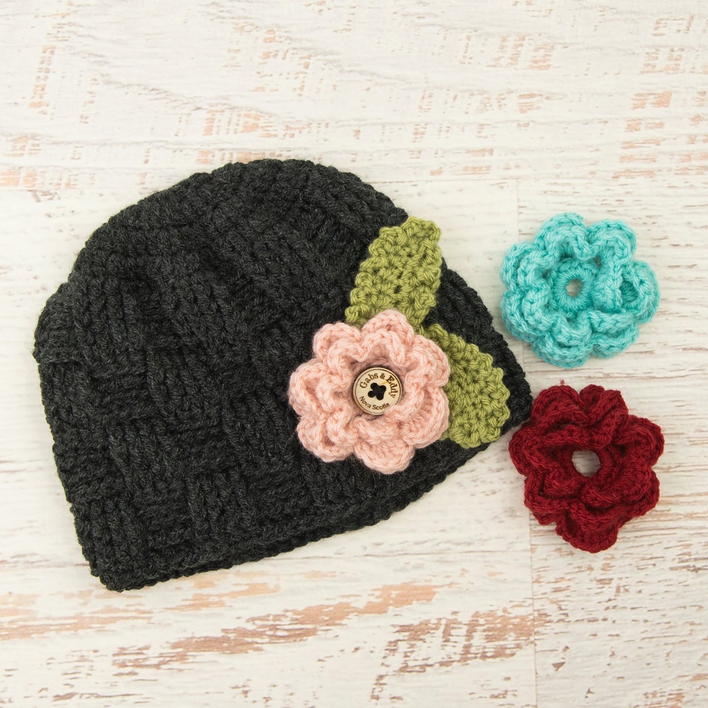 In-Stock 3-10 Year Waffle Beanie in Dark Grey Heather with 3 Interchangeable Flowers