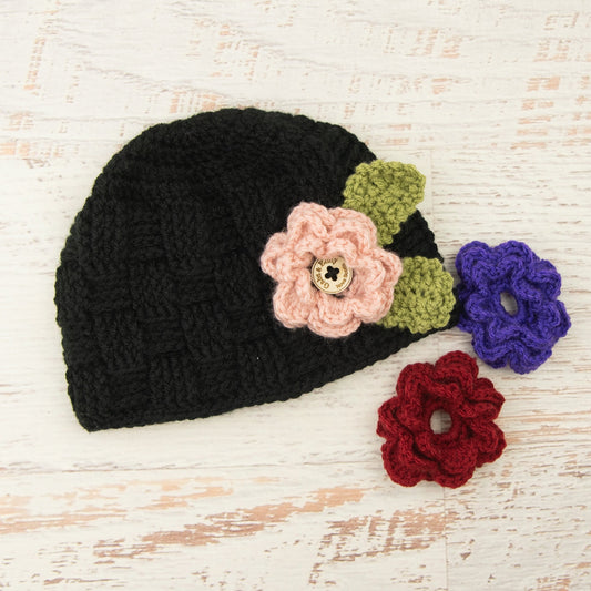 In-Stock Waffle Beanie with 3 Interchangeable Flowers in Black