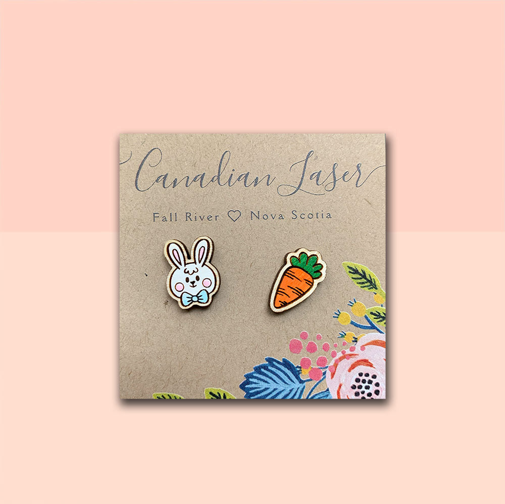 Hand Painted Wooden Studs - Holiday - Easter - Bunny & Carrot