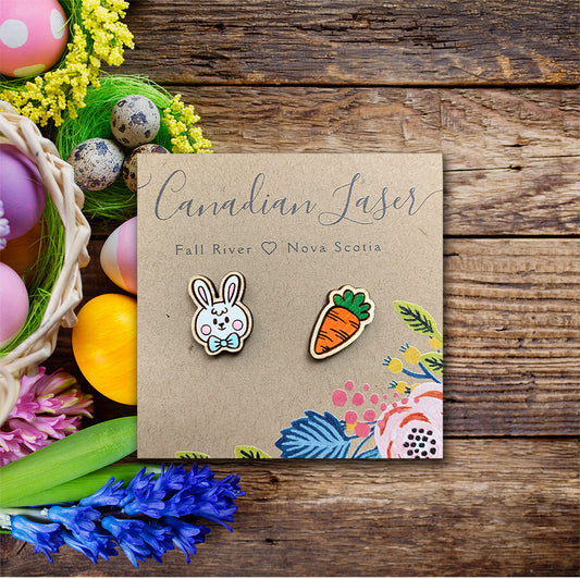 Hand Painted Wooden Studs - Holiday - Easter - Bunny & Carrot