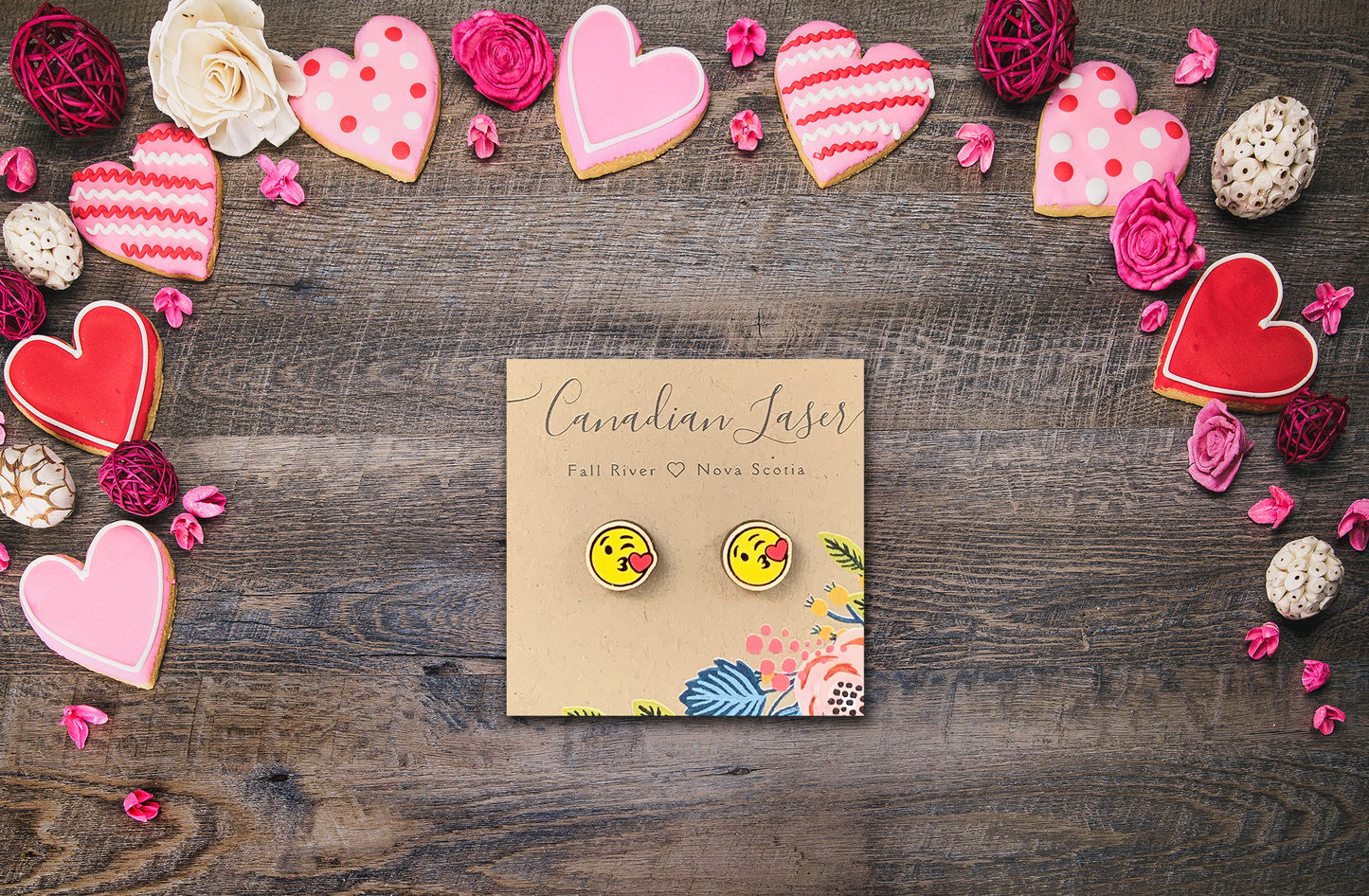 Hand Painted Wooden Studs - Holiday - Valentine's Day - Emoji - Blowing Kisses