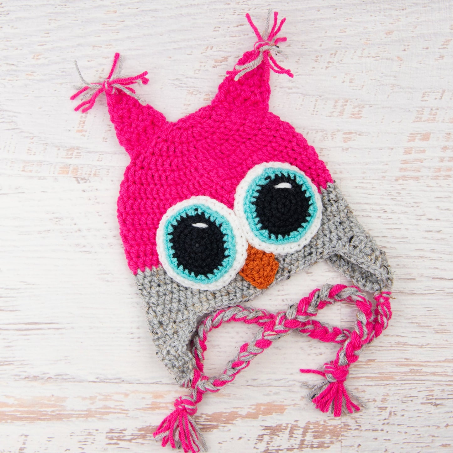 In-Stock 1-3 Year Owl in Rose Shocking and Grey Marble with Aqua Marine Eyes