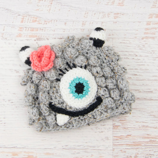 In-Stock 6-12 Month Little Monster in Grey Marble with Aqua Marine Eye and Pink Grapefruit Flower