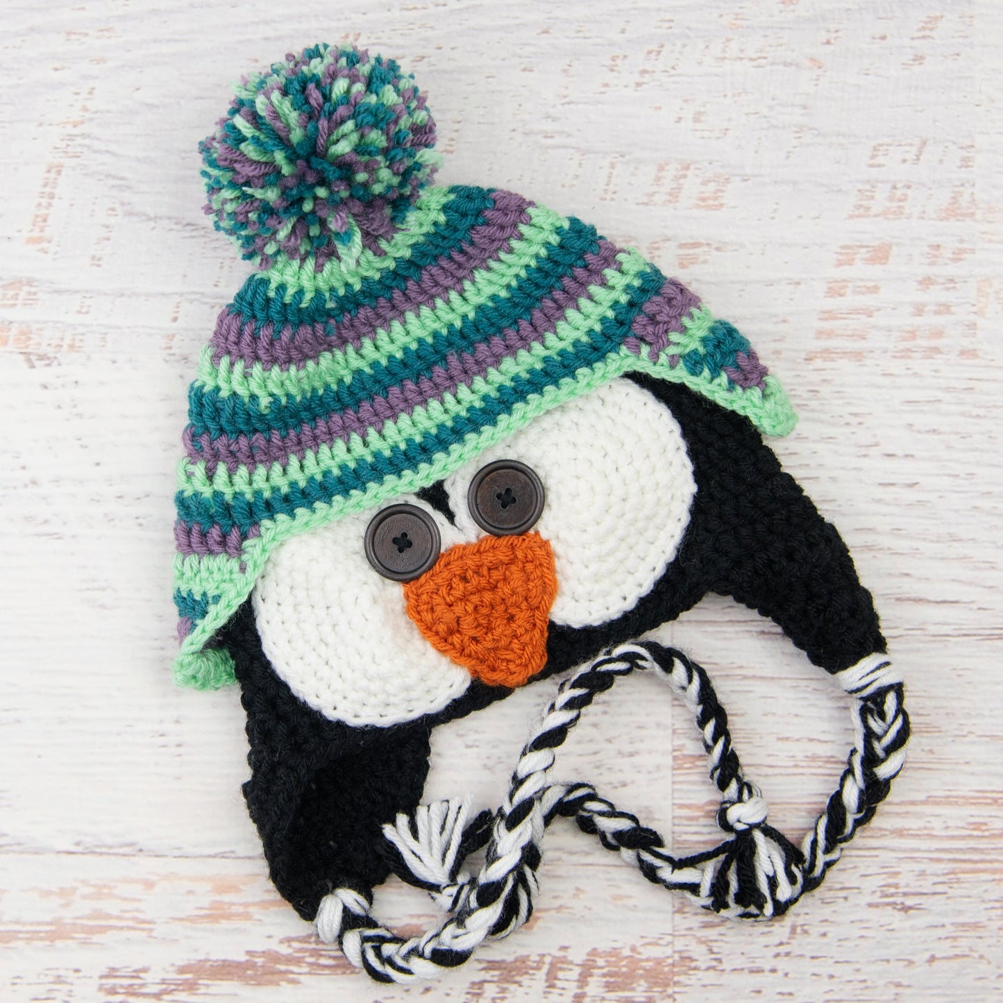 In-Stock 3-10 Year Penguin Hat in Dusty Purple, Peacock and Mint