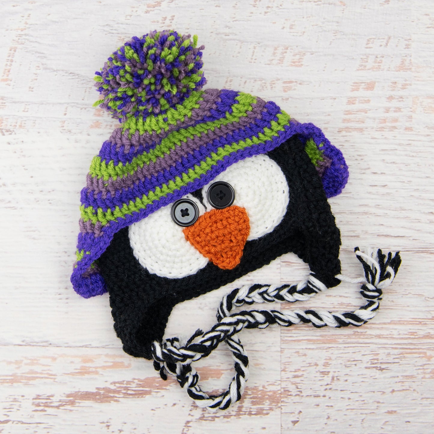 In-Stock 1-3 Year Penguin Hat in Dusty Purple, Fern and Electric Purple