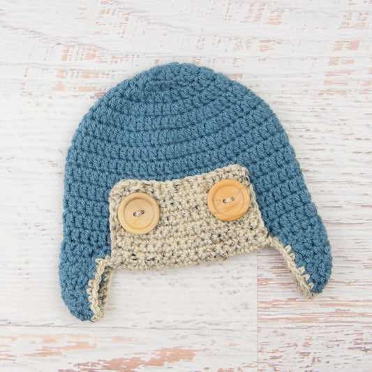 In-Stock 6-12 Month Aviator Hat in Dusty Blue with Oatmeal