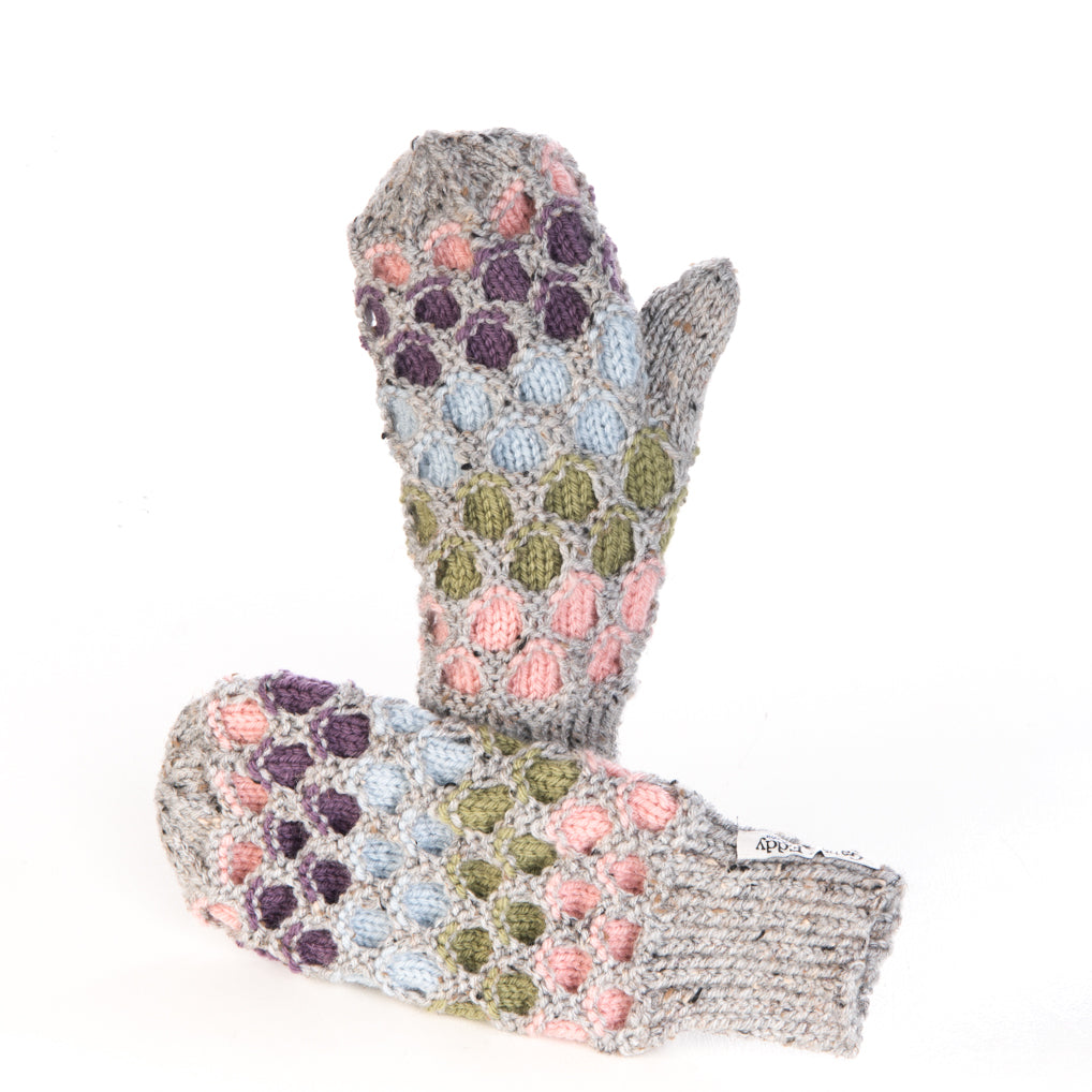 In-Stock Adult Mittens in Grey Marble with Pink, Dusty Purple, Silver Blue and Dusty Green