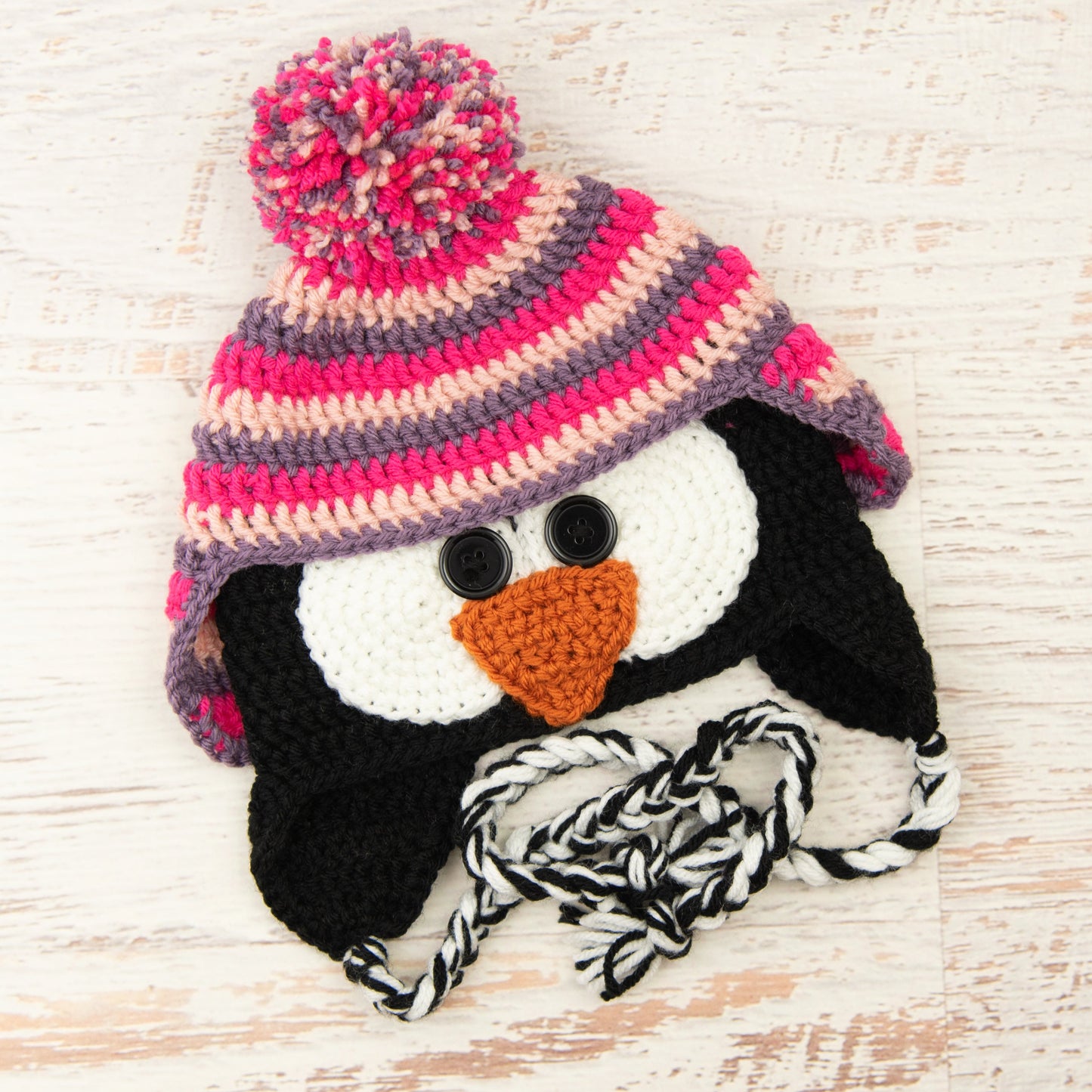 In-Stock 3-10 Year Penguin Hat in Rose Shocking, Pink and Dusty Purple