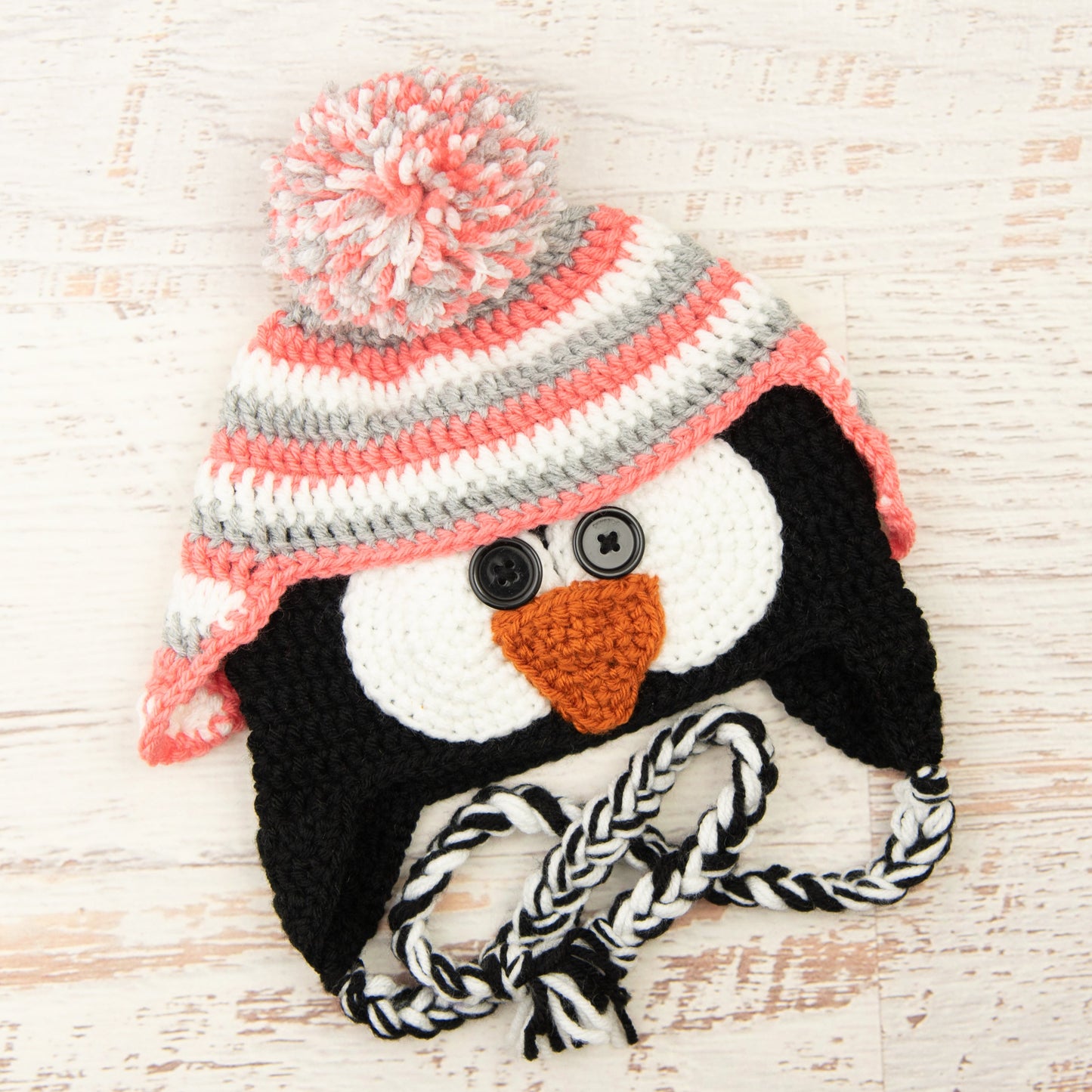 In-Stock 3-10 Year Penguin Hat in White, Silver Heather and Pink Grapefruit