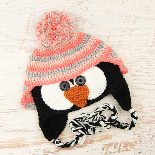 In-Stock 3-10 Year Penguin Hat in Silver Heather, Pink and Pink Grapefruit