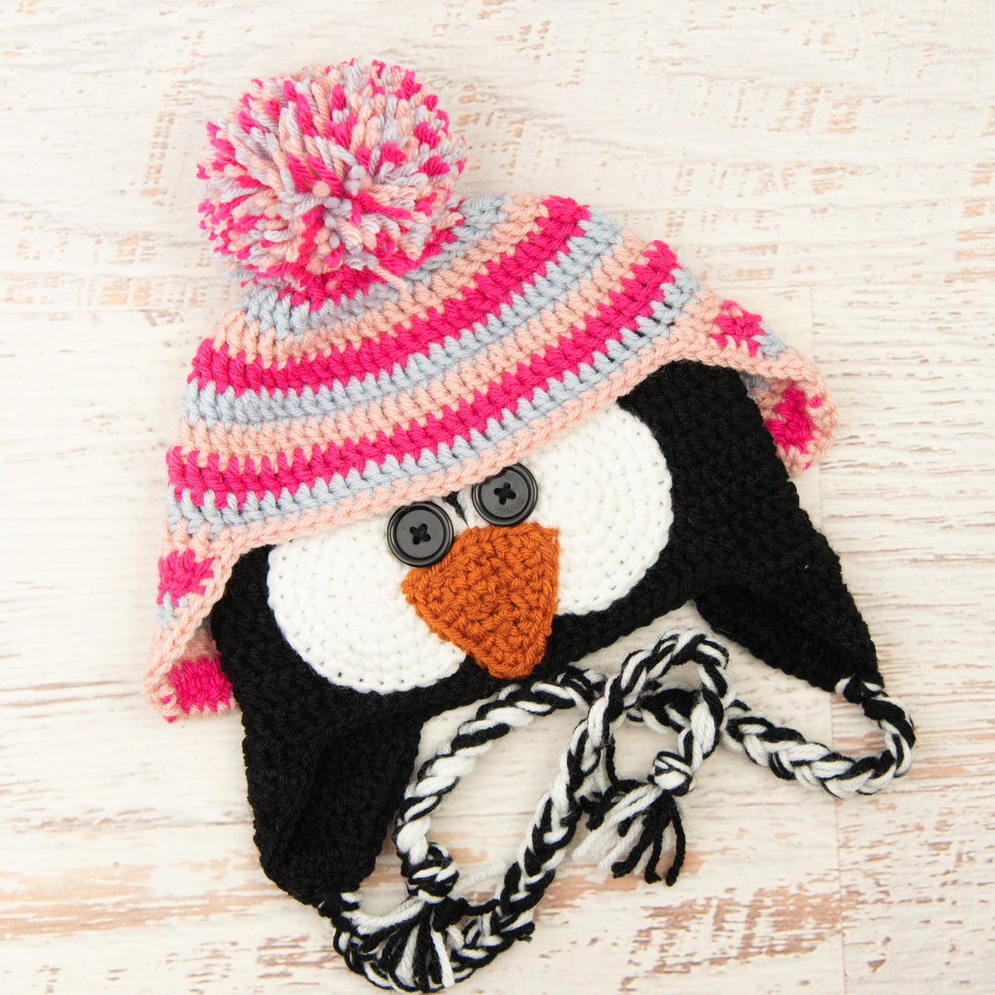 In-Stock 3-10 Year Penguin Hat in Rose Shocking, Pale Grey and Pink