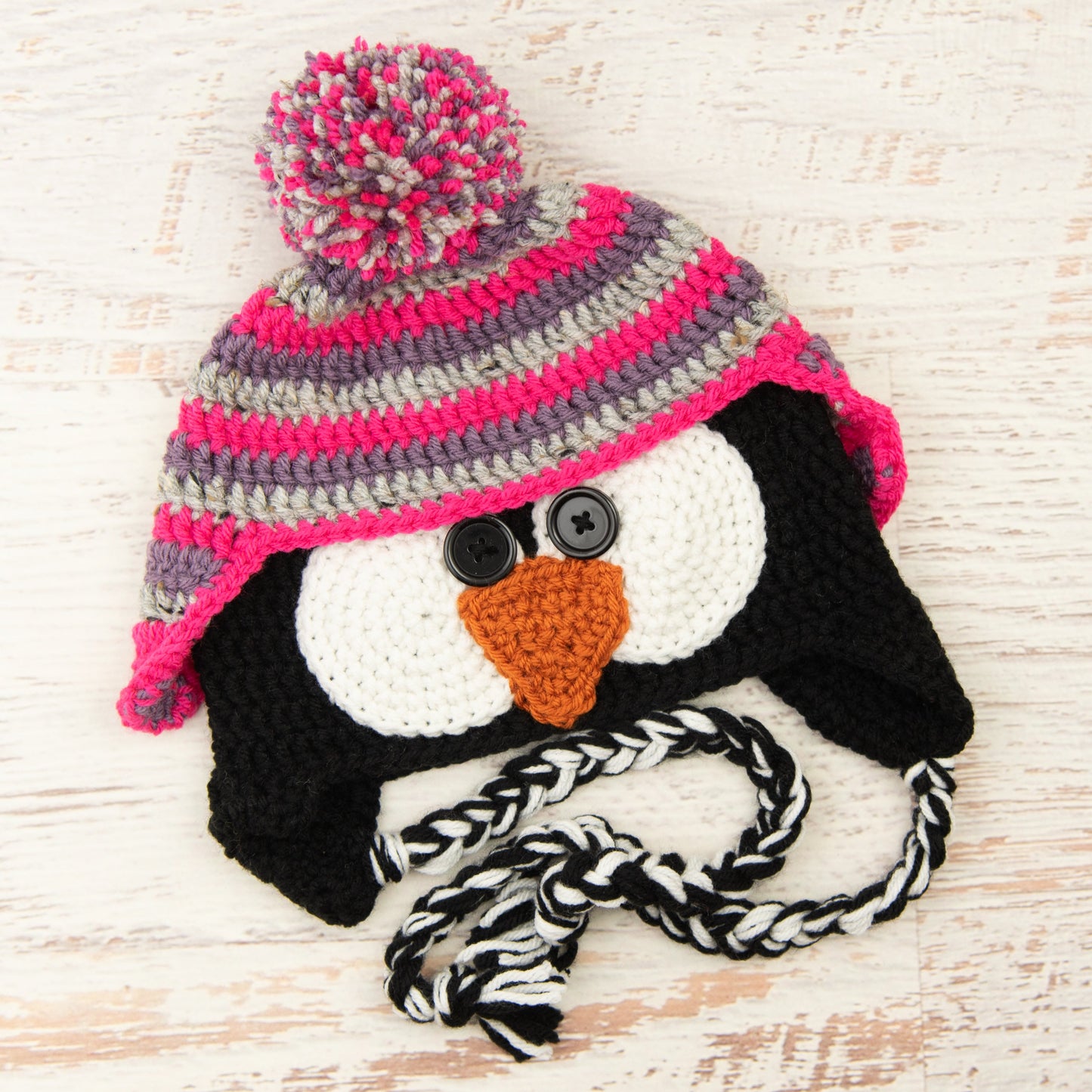 In-Stock 3-10 Year Penguin Hat in Dusty Purple, Grey Marble and Rose Shocking