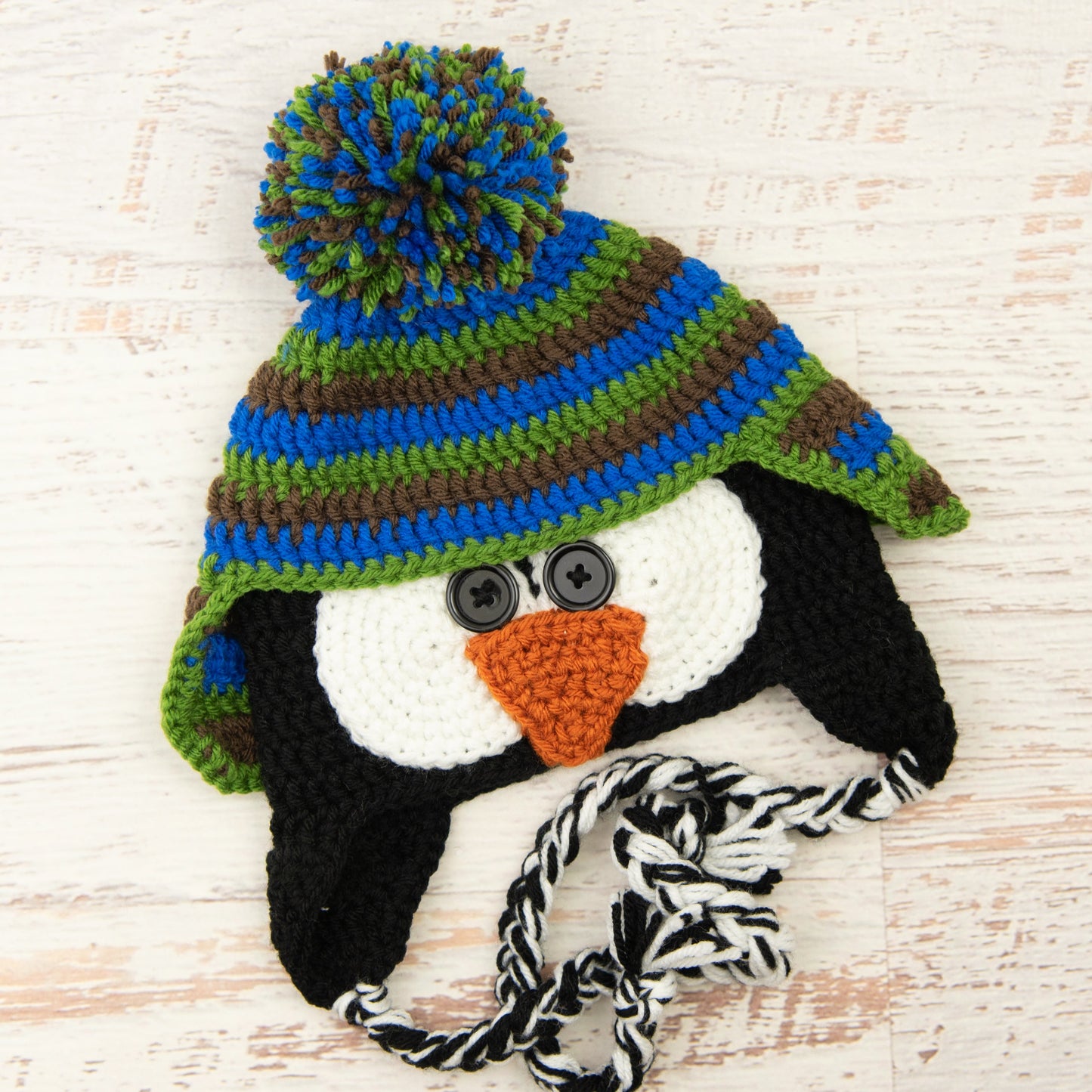In-Stock 3-10 Year Penguin Hat in Chocolate, Electric Blue and Kelly Green