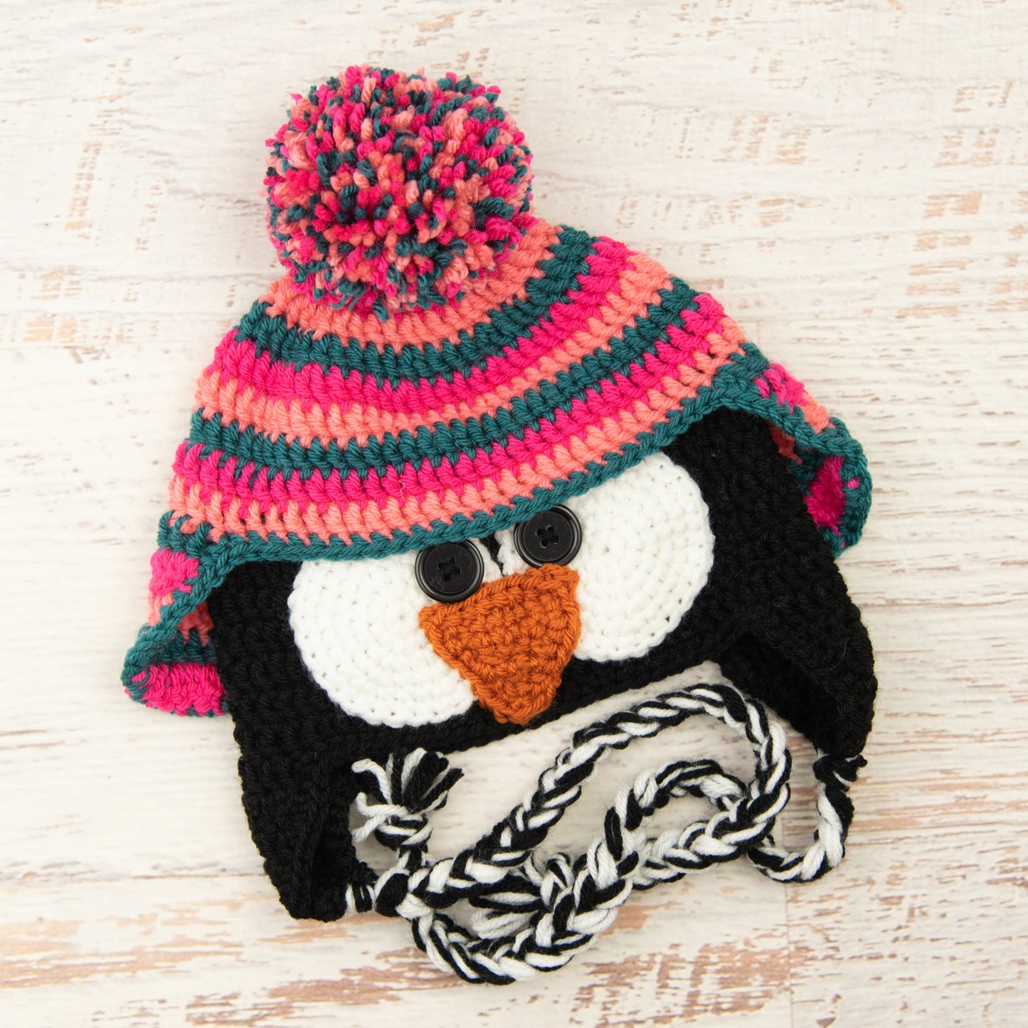 In-Stock 3-10 Year Penguin Hat in Rose Shocking, Pink Grapefruit and Peacock