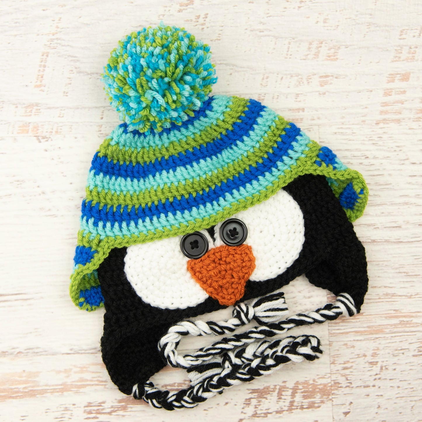 In-Stock 3-10 Year Penguin Hat in Electric Blue, Aqua Marine and Fern