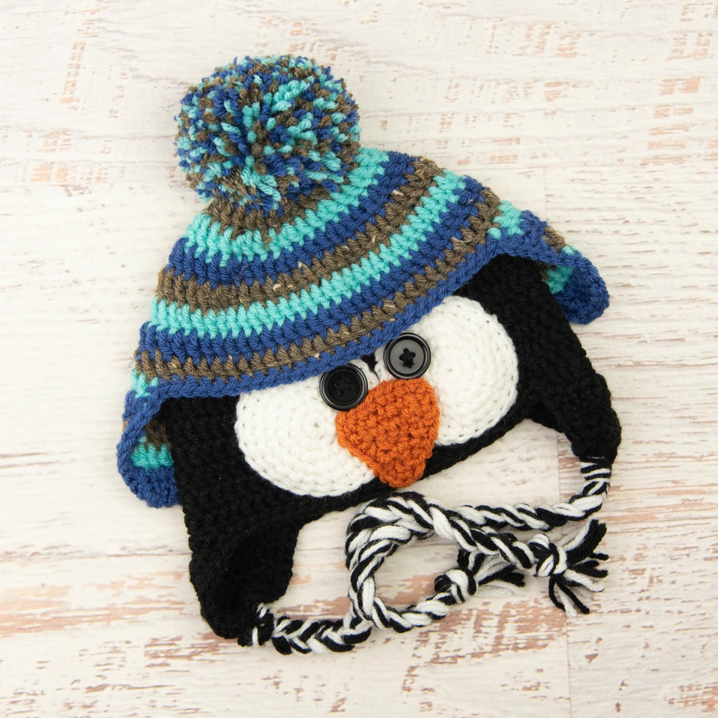 In-Stock 1-3 Year Penguin Hat in Aqua Marine, Barley and Colonial Blue