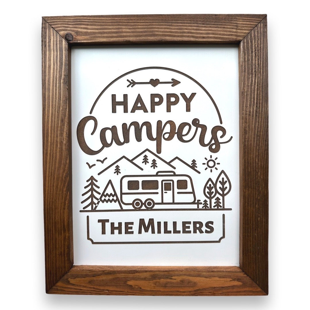 Personalized Happy Camper Sign with Rustic reclaimed wooden frame
