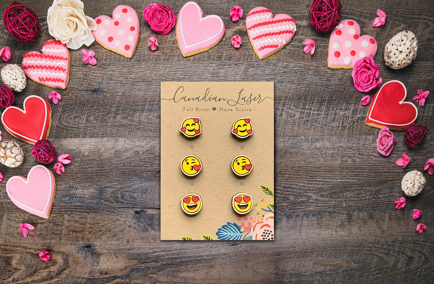 Hand Painted Wooden Studs - Holiday - Valentine's Day - Love Emojis 3 Pack