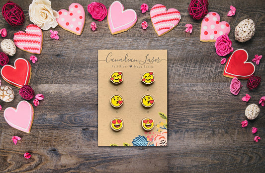 Hand Painted Wooden Studs - Holiday - Valentine's Day - Love Emojis 3 Pack