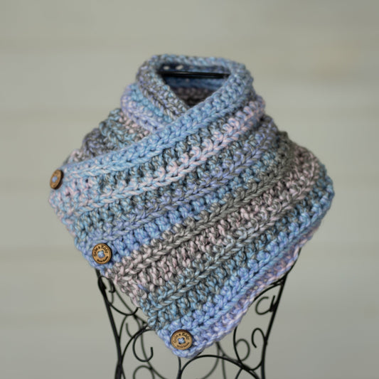 In-Stock Three Button Cowl in Acrylic Cotton Candy Mix